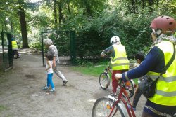 Radfahrer in einem Waldgebiet.