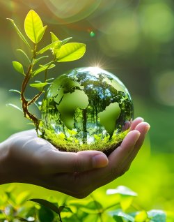 Eine Hand h&auml;lt eine gr&uuml;ne Weltkugel